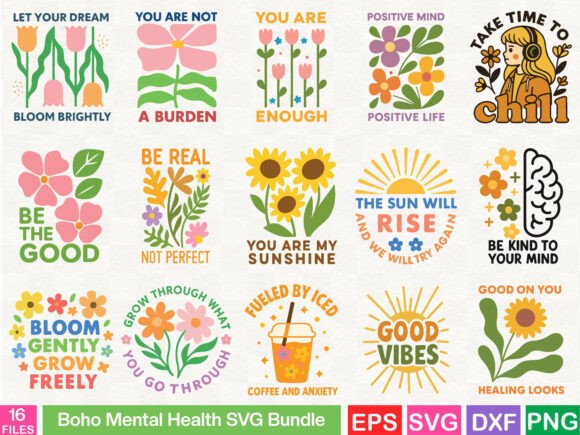Boho Mental Health SVG Bundle: Graphics for T-Shirt Designs & Local Branding